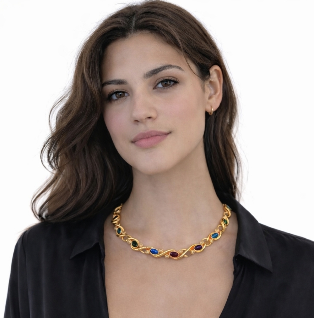 Vintage Swarovski Gold Necklace Multi Color Crystal Statement Designer